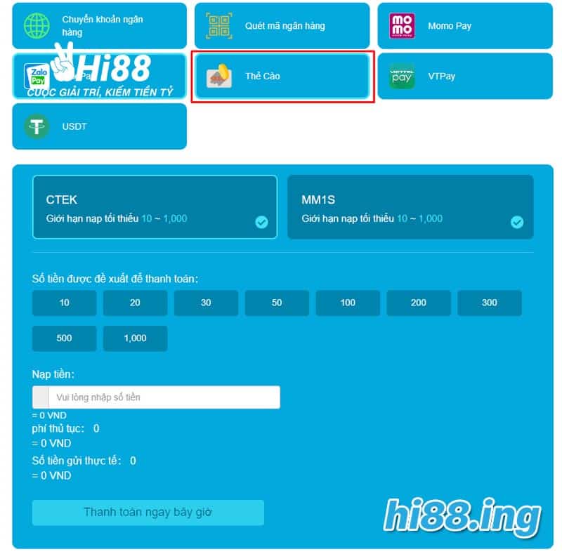 Nạp tiền Hi88